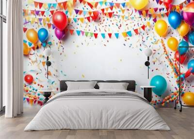 Colorful empty party carnival birthday celebration background with colorful streamer air balloon garland isolated on white Wall mural