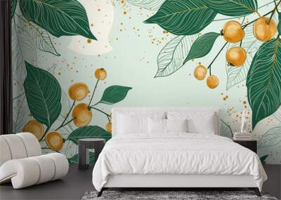 Gold big Cherry abstract Branch with Leaves and Fruits line art.Trendy doodle green illustration. Line art drawing style. Bright decoration. Nature illustration. Winter season. Isolated Nature graphic Wall mural