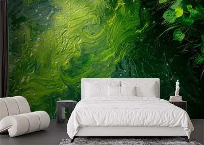 green river water caused by microalgae growth. microorganisms in a pond in summer give the water a green color. The surface of green water. Tropical green water textures.


 Wall mural