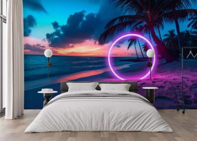 Neon light circle on tropical beach at night, summer party


 Wall mural