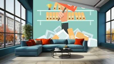 Overworked businessman under a lot of documents and holding a HELP placard on office background with shelves full of binders. A lot of work concept. Vector colorful illustration in flat design. Wall mural