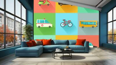 Transport flat vector icons. 9 colorful urban city vehicles including tram, ambulance, taxi cab, police car. Wall mural