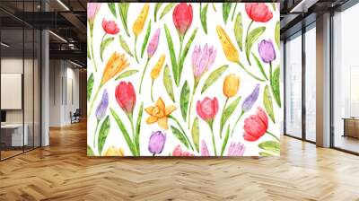 Seamless easter pattern with watercolor flowers and colored eggs is perfect for the design of paper, fabrics, packaging, souvenirs, textiles, gifts and more Wall mural