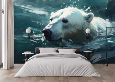 A fierce and powerful Polar Bear swimming in the icy waters, showing off its fierce and powerful nature. Generative AI Wall mural