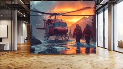 A rescue helicopter airlifting an injured hiker from a remote wilderness area Wall mural