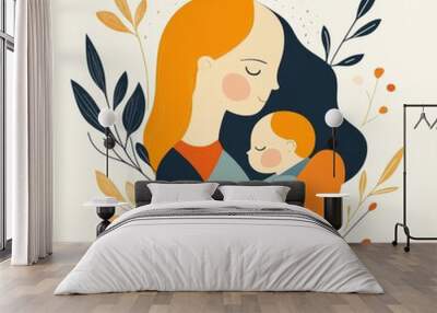 adult woman holding her baby son with love to illustrate mother's day or motherhood minimalist  illustration, Generative AI Wall mural