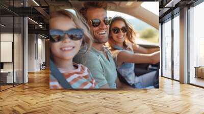 Portrait of happy laughing smiling family of four with children riding in modern car traveling by automobile together enjoying vacation or road trip on weekend. Family travel, Generative AI Wall mural