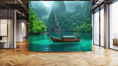 A traditional Thai long tail boat gracefully navigating through the emerald waters of Phang Nga Bay Wall mural