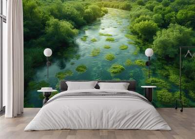 Amazing blooming algae on green river, aerial view Wall mural