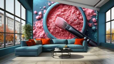 Beauty cosmetic makeup product layout Fashion woman make up brush, powder Stylish minimal coral design Creative fashionable concept Cosmetics make-up accessories, pop art Wall mural