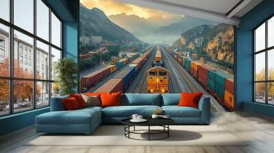 A modern freight train passing through an industrial landscape, with towering stacks of shipping containers in a vast, bustling port Wall mural