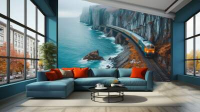 A passenger train making a scenic journey along the rugged coastline, waves crashing against the cliffs below Wall mural