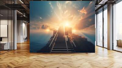 Ascending stairs to the sun God is great bright heavenly light background religion wonderful sky the dawn sky born light solar flare up. Generative AI Wall mural