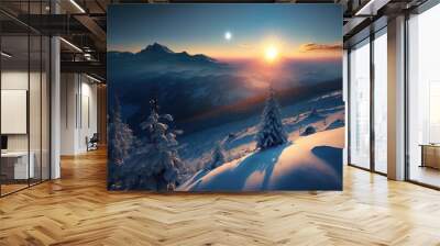 Beautiful winter sunrise in the mountains stock photo Beauty In Nature, Blue, Carpathian Mountain Range, Christmas, Cold Temperature. Generative AI Wall mural