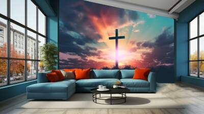 Concept of Jesus Christ: white cross on sunset sky background. Generative AI Wall mural