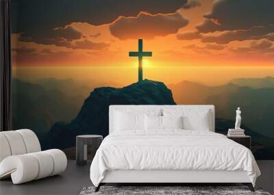 Cross of jesus The background of the setting sun is about to turn down Christian religious concepts of faith and faith in god. Generative AI Wall mural