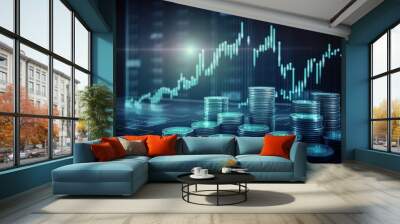 crypto blue coins with blue and black background Wall mural