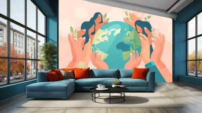 Earth day concept Human hands holding floating globe in space Save our planet Flat style vector isolated illustration. Generative AI Wall mural