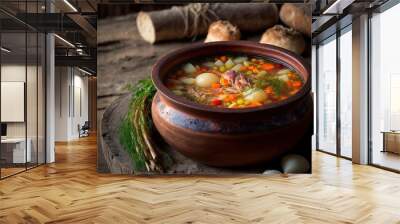 Hot vegetable soup in a dish made of natural materials. Traditional family lunch in a Russian village stock photo. Generative AI Wall mural