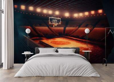 Interior view of an illuminated basketball stadium for a game. Generative AI Wall mural