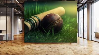 leather Cricket ball resting on a cricket bat placed on green grass cricket ground pitch. Generative AI Wall mural