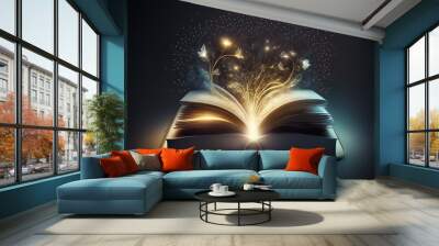 Magic Book With Open Pages And Abstract Lights Shining In Darkness - Literature And Fairytale Concept. Generative AI Wall mural