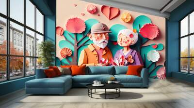 origami spring background, joyful elderly, happy couple, spring colorful. paper cut craft, 3d paper  Wall mural