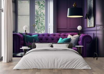 Purple room with sofa. Living room interior. Scandinavian interior. Generative AI Wall mural