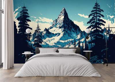 Seamless vector blue beautiful mountains with forest panorama pattern stock illustration Mountain, Illustration, Snow, K2 - Mountain. Generative AI Wall mural