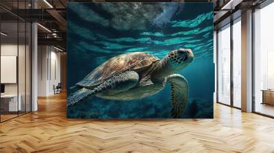 The sea turtle which swims elegantly. Generative AI Wall mural