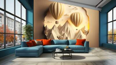 two air balloons fly across mountains and housing. the symbol of love in the form of a hot air balloon. paper art design Wall mural