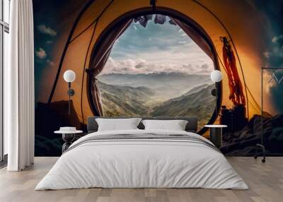 view from inside tent with sleeping bags on mountain hill Wall mural