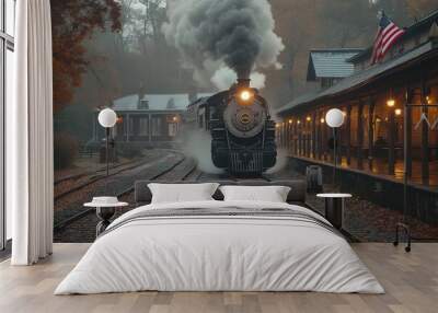 A vintage passenger train departing from a classic train station, puffing steam and waving flags Wall mural