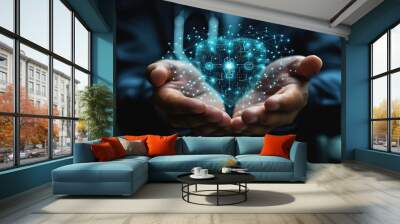 Businessman hand holding virtual medical health care icons with medical shield and network connection People health care awareness rising growth of medical health and life insurance business Wall mural