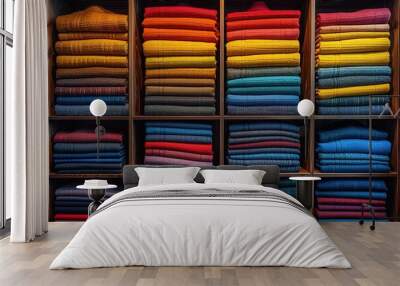 Modern closet collection Multi colored garments neatly arranged on shelves Wall mural