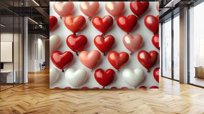 Overhead shot of heart balloons forming a pattern on a white background with a copyspace Wall mural