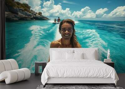 Romantic tandem jet skiing adventure on a crystal-clear tropical sea Wall mural