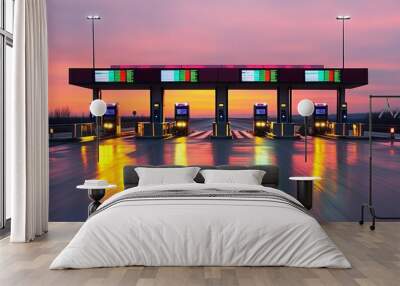 AI-operated toll booth, digital transaction display, highway setting, sunset colors Wall mural