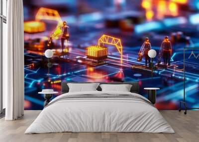 AI-powered smart infrastructure, digital construction models, glowing network paths Wall mural