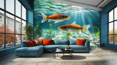 Brightly colored fish swimming in a clear river, surrounded by aquatic plants, a serene and vibrant underwater scene Wall mural