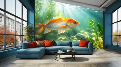 Brightly colored fish swimming in a clear river, surrounded by aquatic plants, a serene and vibrant underwater scene Wall mural