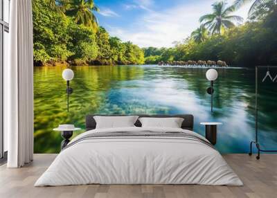 Clean river flowing through a tropical jungle, monkeys playing on branches, birds flying above, an exotic and untouched paradise Wall mural