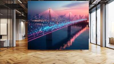 Smart bridge monitoring, digital safety sensors, futuristic river crossing, cityscape Wall mural