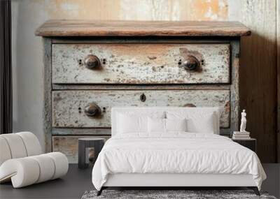 Timeworn chest of drawers with mismatched handles, chipped paint, and visible wood grain, capturing rustic elegance and aged beauty Wall mural