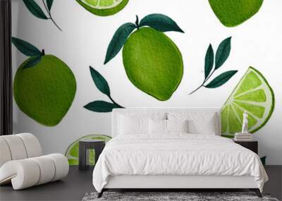 Trendy collection with watercolor green lime fruit and tree branches. Tropical illustration isolated  Wall mural