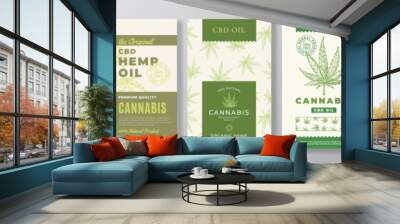 CBD Hemp Oil Vector Package Labels Bundle. Modern Typography and Hand Drawn Cannabis Plant Branch with Leaves Sketch Illustrations Collection. Background Layouts with Seamless Pattern Design Isolated Wall mural