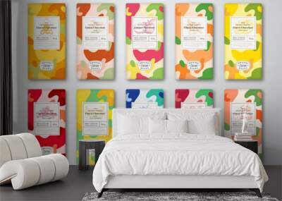 Chocolate Label Template Set. Abstract Shapes Vector Packaging Design Layout with Realistic Shadows Hand Drawn Fruit Berries Silhouette and Colorful Camouflage Pattern Backgrounds Collection Isolated Wall mural