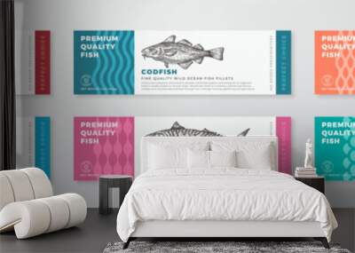 Fish Seafood Vector Packaging Label Design Collection Modern Typography and Hand Drawn Tuna, Herring, Anchovy and Mackerel Product Background Layouts Set Wall mural