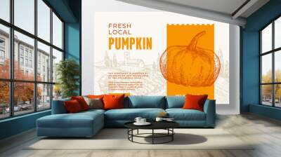 Fresh Local Pumpkin Food Label Template. Abstract Vector Packaging Design Layout. Modern Typography Banner with Hand Drawn Vegetable and Rural Landscape Background. Isolated Wall mural