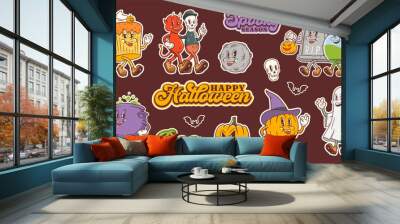 Groovy Halloween Pumpkin Retro Stickers Set. Cartoon Tombstone, Ghost, Cupcake, Cauldron Vector Autumn Holiday Mascot Sticker Templates Collection Happy Vintage Cool Personage Illustrations Isolated Wall mural